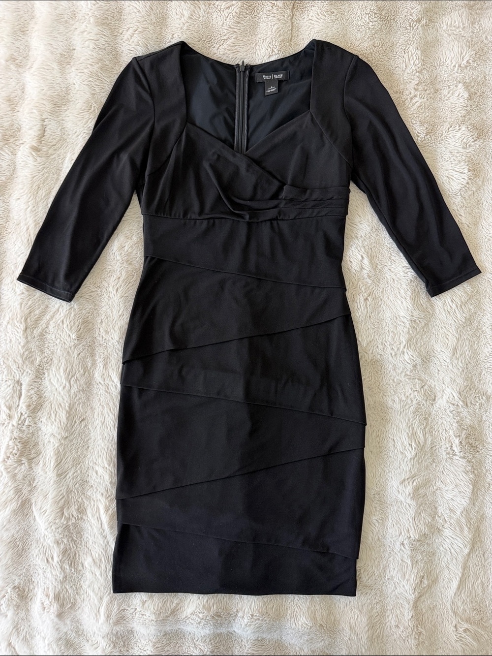 Tahari ASL Black Layered Sheath Dress with 3/4 Sleeves